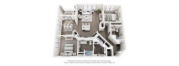 A 3D floor plan of a house with multiple rooms and furniture.