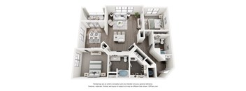 A 3D floor plan of a house with a kitchen, living room, and bedrooms.