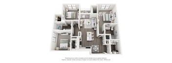 A 3D floor plan of a small apartment with a kitchen, living room, and two bedrooms.
