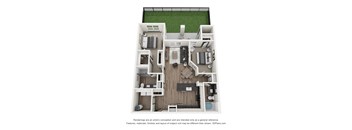 A 3D floor plan of a house with a kitchen, living room, and two bedrooms.