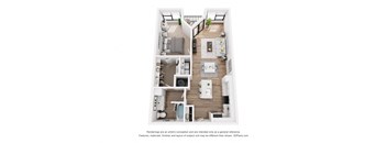 a 1 bedroom floorplan with a bathroom and a living room