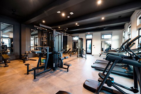 A gym with a variety of equipment including treadmills and weights.