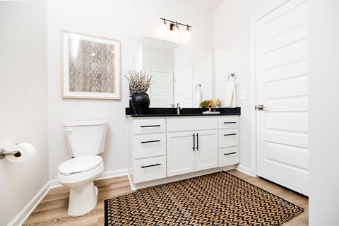 A bathroom with a toilet, sink, and mirror.