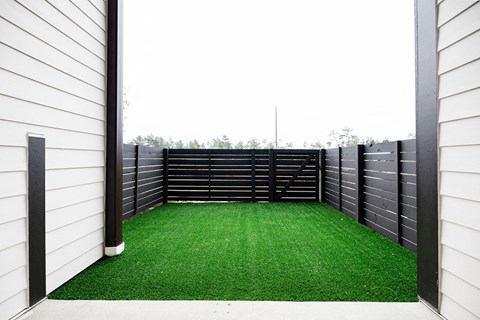 A small backyard with a green lawn and a fence.