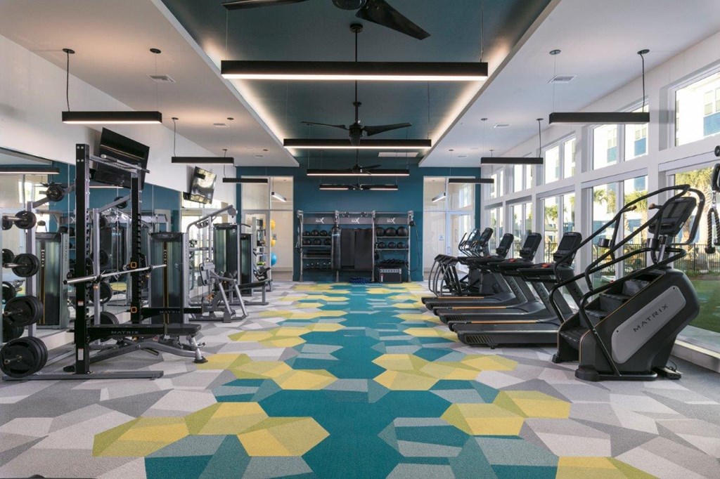 a gym with cardio machines and weights on a colorful floor