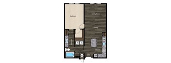a floor plan of a studio apartment with a bedroom and a living room