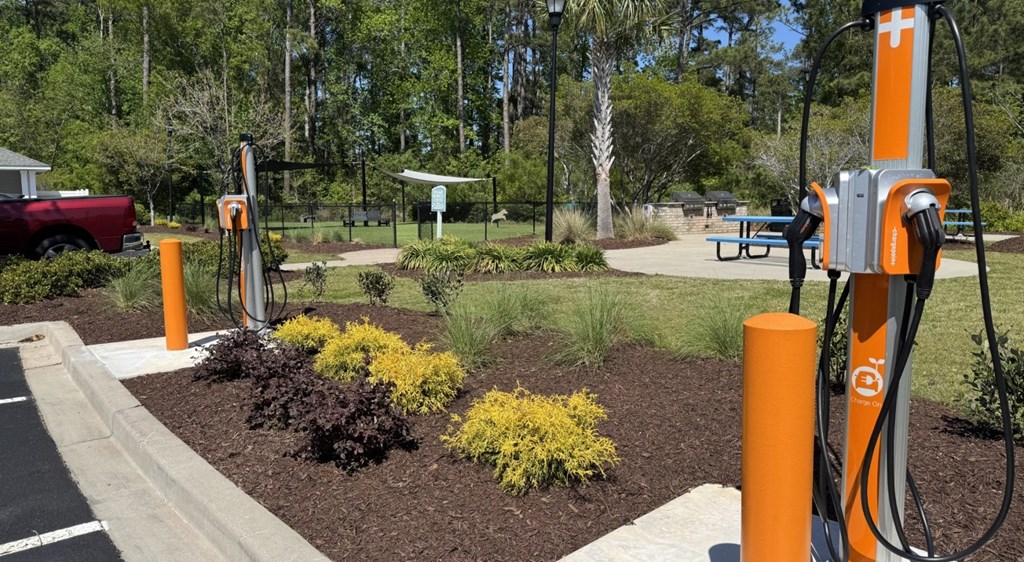 A charging station for electric vehicles is located in a landscaped area with a picnic table and trees in the background.