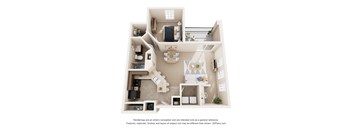 a stylized floor plan with a bedroom and living room