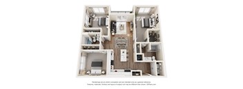 A 3D floor plan of a house with a kitchen, living room, and two bedrooms.