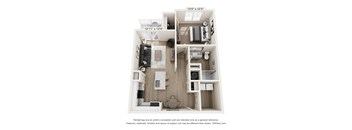 A 3D floor plan of a small apartment with a kitchen, living room, and two bedrooms.