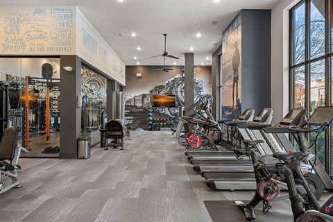 A gym with treadmills and exercise equipment.