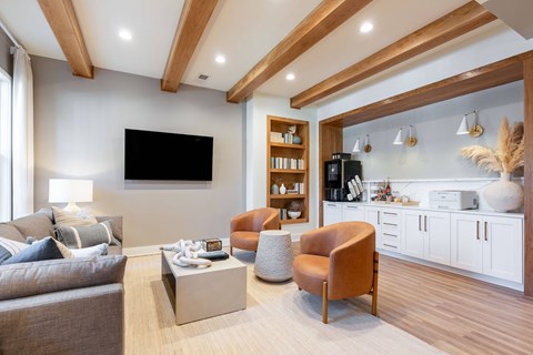 a living room with couches and chairs and a tv