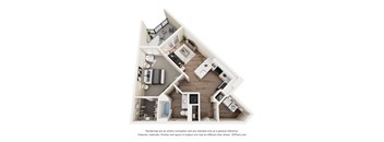 A 3D floor plan of a house with a kitchen, living room, and bathrooms.