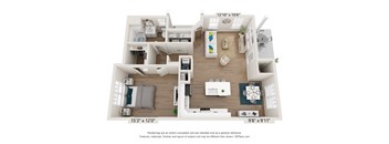 a 1 bedroom floorplan with a bathroom and a living room