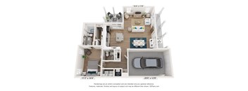 a stylized floor plan with a car in the garage