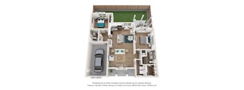 A 3D floor plan of a house with a kitchen, living room, and two bedrooms.