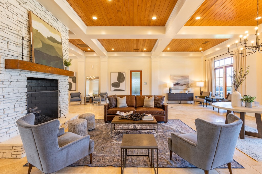Resident Clubhouse with Cozy Fireplace and Lounge Seating