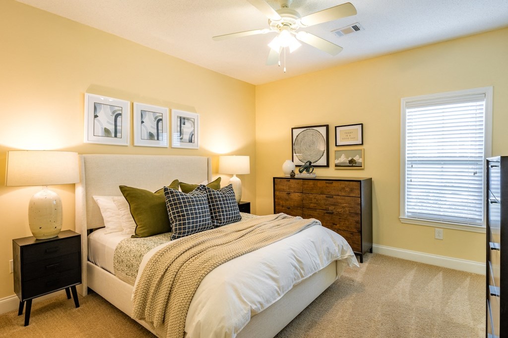 Home Interior Highlight Spacious Bedroom with Large Windows and Plush Carpeting
