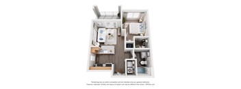 A 3D floor plan of a house with a kitchen, living room, and bathroom.