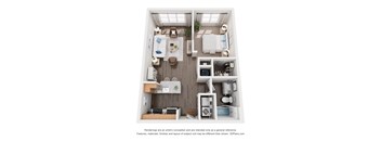 A floor plan of a two-bedroom apartment with a living room, kitchen, and bathroom.