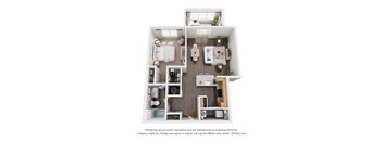 A 3D floor plan of a small apartment with a kitchen, living room, and bathroom.