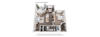 A 3D floor plan of a house with a sunroom option available.