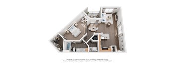 A 3D floor plan of a house with a kitchen, living room, and bathroom.