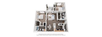 A 3D floor plan of a small apartment with a kitchen, living room, and bathroom.