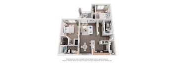 A 3D floor plan of a small apartment with a kitchen, living room, and bathroom.
