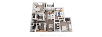 A 3D floor plan of a house with a kitchen, living room, and bedrooms.