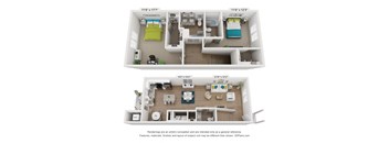 a stylized floor plan with a bedroom and a living room