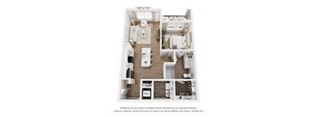 A floor plan of a two-bedroom apartment with a kitchen, living room, and bathroom.