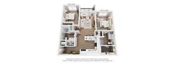 A 3D floor plan of a small apartment with a kitchen, living room, and two bedrooms.