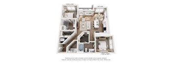 A floor plan of a two-bedroom apartment with a kitchen, living room, and bathroom.