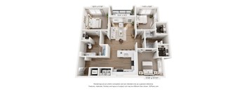A 3D floor plan of a house with a living room, kitchen, and two bedrooms.