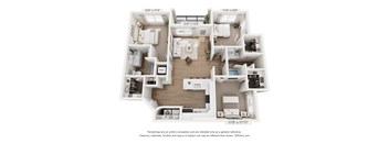 A 3D floor plan of a house with a kitchen, living room, and two bedrooms.