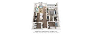 A 3D floor plan of a small apartment with a kitchen, living room, and bathroom.
