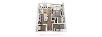 A 3D floor plan of a small apartment with a kitchen, living room, and bathroom.