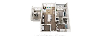 A 3D floor plan of a small apartment with a kitchen, living room, and bathroom.