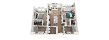 A 3D floor plan of a house with dimensions and furniture layout.