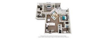 A 3D floor plan of a small apartment with a kitchen, living room, and two bedrooms.