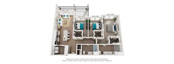 A floor plan of a small apartment with two bedrooms and a living area.