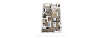 A 3D floor plan of a small apartment with a kitchen, living room, and bathroom.