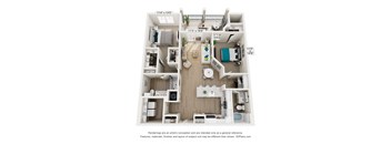 A 3D floor plan of a house with a kitchen, living room, and two bedrooms.