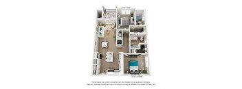 A 3D floor plan of a small apartment with a kitchen, living room, and two bedrooms.