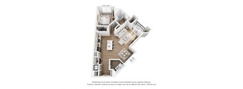 A 3D floor plan of a house with a living room, kitchen, and two bedrooms.