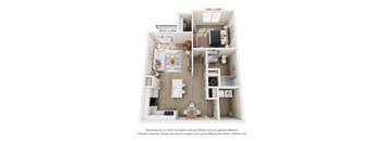 A 3D floor plan of a small apartment with a kitchen, living room, and bedroom.