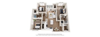 A 3D floor plan of a small apartment with a kitchen, living room, and two bedrooms.