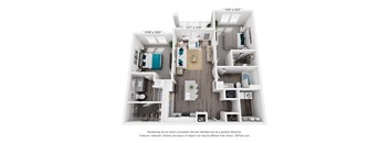 A 3D floor plan of a house with a kitchen, living room, and two bedrooms.