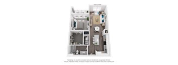 A 3D floor plan of a small apartment with a kitchen, living room, and bathroom. Hawthorne at New Bern NC